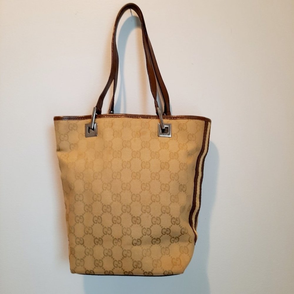 Gucci Logo Canvas Brown Leather Tote Bag